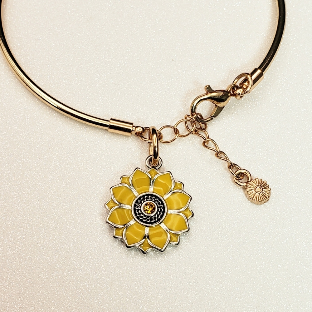 Sunflower Rhinestone Charm Bangle Bracelet Cuff Adjustable - Picture 8 of 10